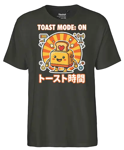 Toast Mode: On Kawaii Toaster Robot Retro Japanese Graphic - toast mode on shirt, kawaii toaster t-shirt, happy kitchen robot graphic tee, japanese breakfast apparel, cute food robot design, retro sun aesthetic clothing, toast mode on top, funny kitchen gadget t-shirt, kawaii kitchenware merch, yellow and orange graphic shirt, japanese typography toaster tee, adorable robot t-shirt, breakfast lover gift, whimsical kitchen art clothing, heart toast graphic, tech-themed kawaii shirt, cheerful robot apparel, unique food character top, sunny morning graphic t-shirt - Fairtrade T-Shirt