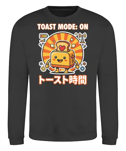 Toast Mode: On Kawaii Toaster Robot Retro Japanese Graphic - toast mode on shirt, kawaii toaster t-shirt, happy kitchen robot graphic tee, japanese breakfast apparel, cute food robot design, retro sun aesthetic clothing, toast mode on top, funny kitchen gadget t-shirt, kawaii kitchenware merch, yellow and orange graphic shirt, japanese typography toaster tee, adorable robot t-shirt, breakfast lover gift, whimsical kitchen art clothing, heart toast graphic, tech-themed kawaii shirt, cheerful robot apparel, unique food character top, sunny morning graphic t-shirt - Sweatshirt