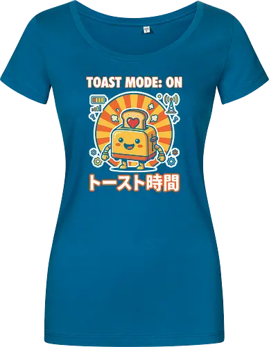 Toast Mode: On Kawaii Toaster Robot Retro Japanese Graphic - toast mode on shirt, kawaii toaster t-shirt, happy kitchen robot graphic tee, japanese breakfast apparel, cute food robot design, retro sun aesthetic clothing, toast mode on top, funny kitchen gadget t-shirt, kawaii kitchenware merch, yellow and orange graphic shirt, japanese typography toaster tee, adorable robot t-shirt, breakfast lover gift, whimsical kitchen art clothing, heart toast graphic, tech-themed kawaii shirt, cheerful robot apparel, unique food character top, sunny morning graphic t-shirt - Women T-Shirt