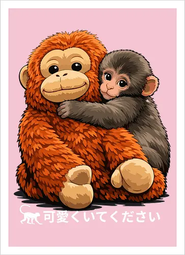 "Stay Cute" Adorable Baby Monkey Hug Retro Japanese Graphic