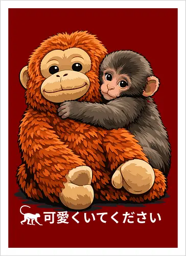 "Stay Cute" Adorable Baby Monkey Hug Retro Japanese Graphic