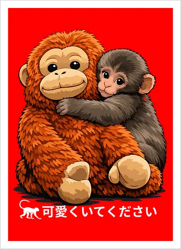 "Stay Cute" Adorable Baby Monkey Hug Retro Japanese Graphic