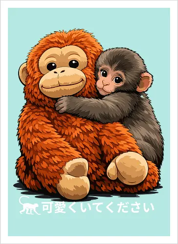 "Stay Cute" Adorable Baby Monkey Hug Retro Japanese Graphic