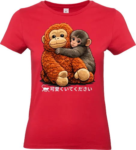 "Stay Cute" Adorable Baby Monkey Hug Retro Japanese Graphic - stay cute monkey shirt, adorable monkey hug t-shirt, baby orangutan and macaque tee, japanese kawaii animal clothing, cute monkey friendship design, wholesome animal graphic top, fluffy monkey illustration merch, retro japanese text apparel, ginger and brown animal shirt, heartwarming nature t-shirt, aesthetic monkey lover gift, soft textured graphic tee, forest friends clothing, cute primate hug t-shirt, kids kawaii monkey top, animal hug streetwear, positive vibes animal shirt, Japanese phrase monkey merch, cozy aesthetic animal tee - Standard T-Shirt (Women)