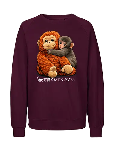 "Stay Cute" Adorable Baby Monkey Hug Retro Japanese Graphic - stay cute monkey shirt, adorable monkey hug t-shirt, baby orangutan and macaque tee, japanese kawaii animal clothing, cute monkey friendship design, wholesome animal graphic top, fluffy monkey illustration merch, retro japanese text apparel, ginger and brown animal shirt, heartwarming nature t-shirt, aesthetic monkey lover gift, soft textured graphic tee, forest friends clothing, cute primate hug t-shirt, kids kawaii monkey top, animal hug streetwear, positive vibes animal shirt, Japanese phrase monkey merch, cozy aesthetic animal tee - Fairtrade Sweatshirt