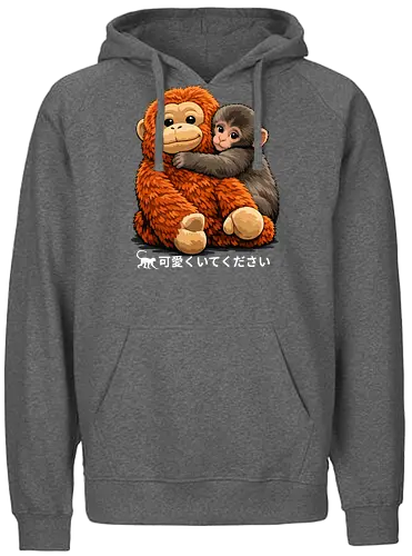 "Stay Cute" Adorable Baby Monkey Hug Retro Japanese Graphic - stay cute monkey shirt, adorable monkey hug t-shirt, baby orangutan and macaque tee, japanese kawaii animal clothing, cute monkey friendship design, wholesome animal graphic top, fluffy monkey illustration merch, retro japanese text apparel, ginger and brown animal shirt, heartwarming nature t-shirt, aesthetic monkey lover gift, soft textured graphic tee, forest friends clothing, cute primate hug t-shirt, kids kawaii monkey top, animal hug streetwear, positive vibes animal shirt, Japanese phrase monkey merch, cozy aesthetic animal tee - Fairtrade Hoodie