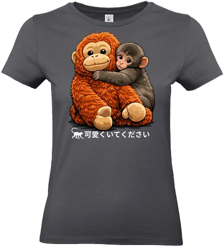 "Stay Cute" Adorable Baby Monkey Hug Retro Japanese Graphic - stay cute monkey shirt, adorable monkey hug t-shirt, baby orangutan and macaque tee, japanese kawaii animal clothing, cute monkey friendship design, wholesome animal graphic top, fluffy monkey illustration merch, retro japanese text apparel, ginger and brown animal shirt, heartwarming nature t-shirt, aesthetic monkey lover gift, soft textured graphic tee, forest friends clothing, cute primate hug t-shirt, kids kawaii monkey top, animal hug streetwear, positive vibes animal shirt, Japanese phrase monkey merch, cozy aesthetic animal tee - Standard T-Shirt (Women)