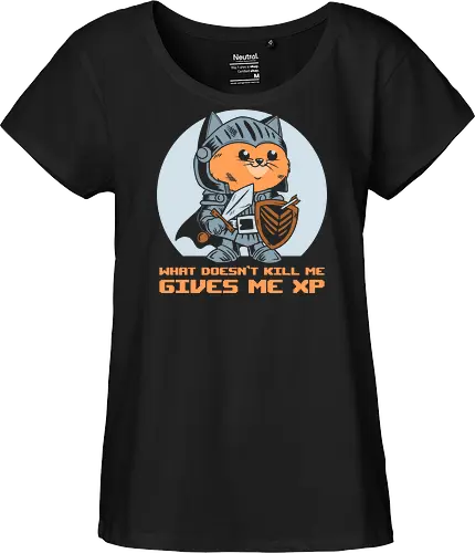 What Doesn’t Kill Me Gives Me XP Cat  - tabletop, cat, adventure, animal, cute, funny, gamer, gaming, geek, humor, kitty, knight, nerd, nostalgia, rpg - Fairtrade Girl Shirt