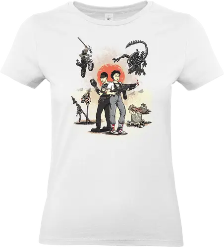 Wasteland-Kriegerinnen - Furiosa Trifft Ripley - furiosa t-shirt, ellen ripley alien, mad max fury road, kino kleidung, ikonische heldinnen, teetan, xenomorph, wasteland, sigourney weaver, klassische sci-fi, action kino, episches mashup, immortan joe, postapokalyptische kunst, kino kriegerinnen - Standard T-Shirt (Women)