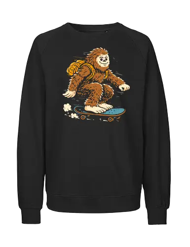 Bigfoot On The Move - bigfoot, sasquatch, adventure, explore, wander, skate, skateboard, skater, journey, legend, cryptid, forest, travel, freedom, wild, explorer, movement, outdoor, creature, bold - Fairtrade Sweatshirt