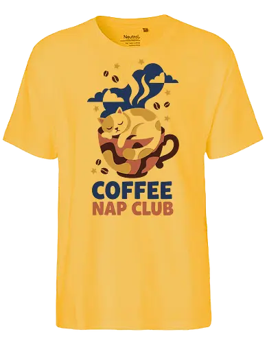 Coffee Nap Club - coffee mug cat design, coffee nap club shirt, cozy cat t-shirt, sleeping calico cat graphic tee, caffeine lover apparel, aesthetic coffee streetwear, lazy day t-shirt, funny coffee parody clothing, minimalist cat art top, navy and mustard graphic tee, coffee and nap lover gift, kitten in a cup shirt, night owl caffeine merch, cozy vibes apparel, whimsical cat illustration, coffee bean graphic t-shirt, stylish barista fashion, sleeping pet t-shirt, trendy cat lady clothing - Fairtrade T-Shirt