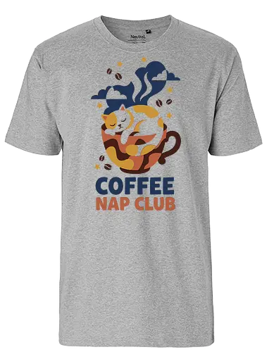 Coffee Nap Club - coffee mug cat design, coffee nap club shirt, cozy cat t-shirt, sleeping calico cat graphic tee, caffeine lover apparel, aesthetic coffee streetwear, lazy day t-shirt, funny coffee parody clothing, minimalist cat art top, navy and mustard graphic tee, coffee and nap lover gift, kitten in a cup shirt, night owl caffeine merch, cozy vibes apparel, whimsical cat illustration, coffee bean graphic t-shirt, stylish barista fashion, sleeping pet t-shirt, trendy cat lady clothing - Fairtrade T-Shirt