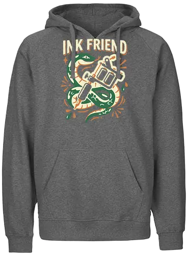 "Ink Friend" Traditional Snake & Tattoo Machine Graphic - nk friend shirt, tattoo machine t-shirt, traditional snake tattoo graphic tee, tattoo artist apparel, coiled green snake design, neo-traditional tattoo clothing, tattoo studio fan merch, edgy snake streetwear, tattoo machine illustration top, ink addict t-shirt, vintage tattoo flash art, forest green snake graphic, professional tattoo gear shirt, body art enthusiast clothing, bold snake and needle tee, tattoo culture fashion, ink lover gift, retro tattoo style streetwear, artistic snake graphic t-shirt - Fairtrade Hoodie
