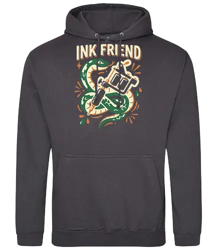 "Ink Friend" Traditional Snake & Tattoo Machine Graphic - nk friend shirt, tattoo machine t-shirt, traditional snake tattoo graphic tee, tattoo artist apparel, coiled green snake design, neo-traditional tattoo clothing, tattoo studio fan merch, edgy snake streetwear, tattoo machine illustration top, ink addict t-shirt, vintage tattoo flash art, forest green snake graphic, professional tattoo gear shirt, body art enthusiast clothing, bold snake and needle tee, tattoo culture fashion, ink lover gift, retro tattoo style streetwear, artistic snake graphic t-shirt - Standard Hoodie
