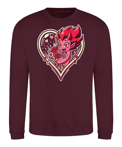 "Love Demon" Kawaii Chibi Devil Valentine's Day Graphic - love demon shirt, kawaii devil t-shirt, chibi monster valentine, heart eyes devil graphic tee, cute succubus apparel, valentine's day monster gift, roses and devil design, pink demon girl clothing, heart frame aesthetic top, sweet but spicy t-shirt, anniversary gift for her, alternative valentine streetwear, romantic devil illustration, spooky cute valentine merch, red roses graphic tee, holiday monster t-shirt, vibrant pink character shirt, whimsical demon art clothing, love themed graphic top - Sweatshirt