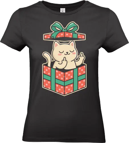 "Surprise Me" Funny Rude Cat in Gift Box Graphic - funny cat gift shirt, rude cat t-shirt, cat in a box graphic tee, middle finger cat apparel, sarcastic animal clothing, kawaii cat prank design, funny birthday gift for friends, cheeky feline t-shirt, red and green gift box art, offensive but cute cat top, cat middle finger gesture, humorous kitty streetwear, rebellious cat illustration, edgy kawaii fashion, surprise gift box t-shirt, funny christmas cat merch, cynical cat lover gift, bold character graphic tee, sassy pet apparel - Standard T-Shirt (Women)