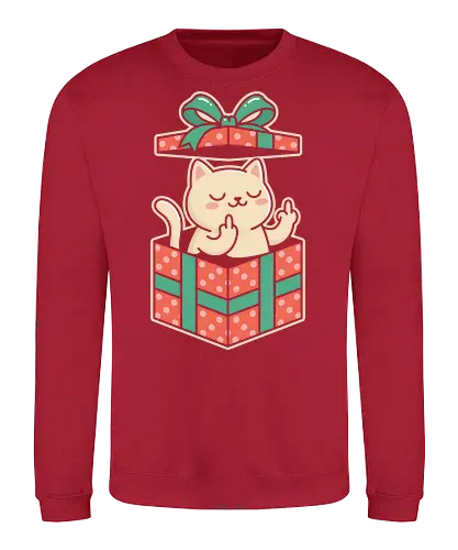 "Surprise Me" Funny Rude Cat in Gift Box Graphic - funny cat gift shirt, rude cat t-shirt, cat in a box graphic tee, middle finger cat apparel, sarcastic animal clothing, kawaii cat prank design, funny birthday gift for friends, cheeky feline t-shirt, red and green gift box art, offensive but cute cat top, cat middle finger gesture, humorous kitty streetwear, rebellious cat illustration, edgy kawaii fashion, surprise gift box t-shirt, funny christmas cat merch, cynical cat lover gift, bold character graphic tee, sassy pet apparel - Sweatshirt