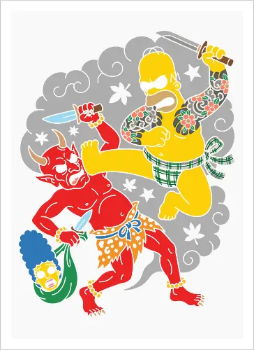 Homer vs. Oni" Japanese Traditional Tattoo Style 