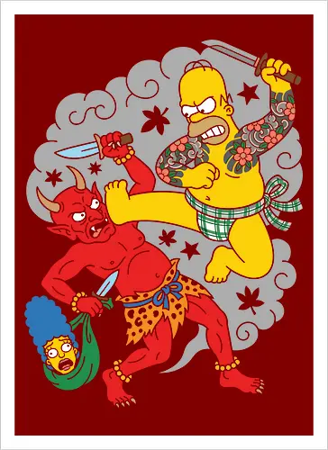 Homer vs. Oni" Japanese Traditional Tattoo Style 