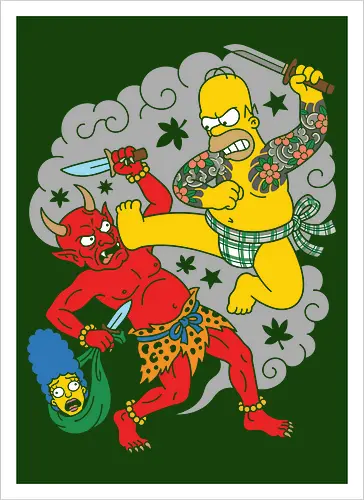 Homer vs. Oni" Japanese Traditional Tattoo Style 