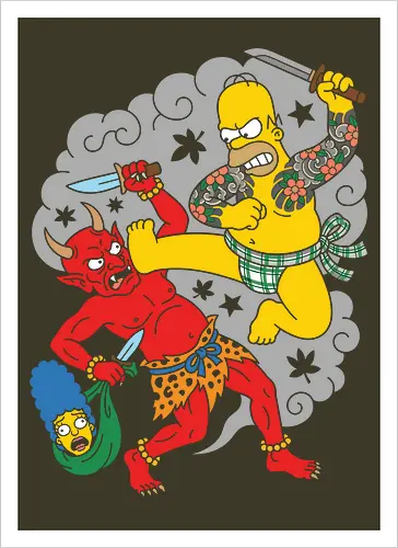 Homer vs. Oni" Japanese Traditional Tattoo Style 