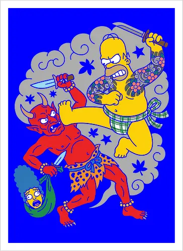 Homer vs. Oni" Japanese Traditional Tattoo Style 