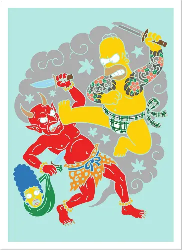 Homer vs. Oni" Japanese Traditional Tattoo Style 