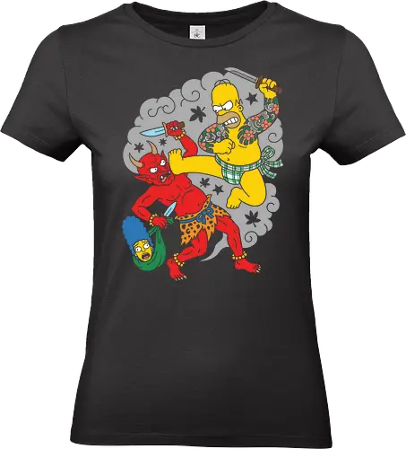 Homer vs. Oni" Japanese Traditional Tattoo Style  - japanese tattoo t-shirt, oni demon graphic tee, simpsons mashup apparel, funny japanese art clothing, japanese mythology parody, irezumi style, anime style top, red oni vs homer design, traditional japanese tattoo shirt, yellow character streetwear, ukiyo-e parody t-shirt, humorous warrior graphic, pop culture crossover merch, vintage tattoo aesthetic clothing, cartoon battle t-shirt, bold illustrative apparel, unique fan art shirt - Standard T-Shirt (Women)