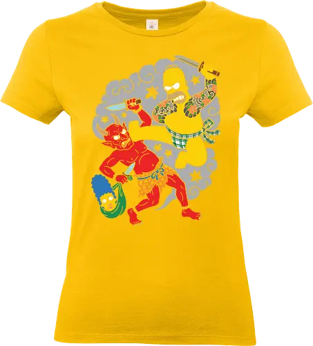 Homer vs. Oni" Japanese Traditional Tattoo Style  - japanese tattoo t-shirt, oni demon graphic tee, simpsons mashup apparel, funny japanese art clothing, japanese mythology parody, irezumi style, anime style top, red oni vs homer design, traditional japanese tattoo shirt, yellow character streetwear, ukiyo-e parody t-shirt, humorous warrior graphic, pop culture crossover merch, vintage tattoo aesthetic clothing, cartoon battle t-shirt, bold illustrative apparel, unique fan art shirt - Standard T-Shirt (Women)