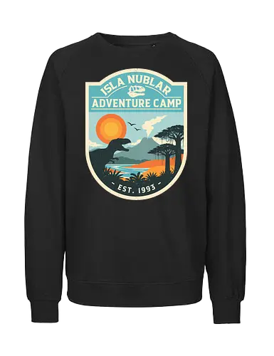 Dinosaur Island Adventure Camp - dinosaur, 90s, adventure, camping, geek, island, nature, nerd, nostalgia, prehistoric, retro, summer camp, t rex, vintage, volcano - Fairtrade Sweatshirt