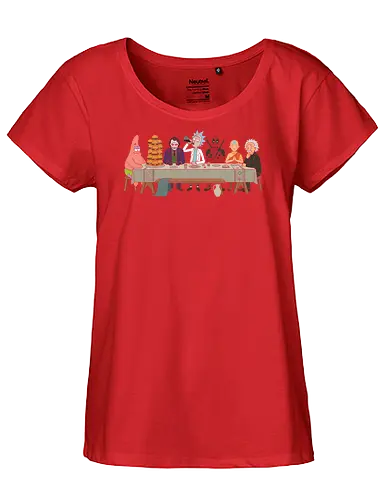 The Pop Culture Supper - last supper parody shirt, pop culture mashup t-shirt, funny rick sanchez graphic tee, sarcastic pop culture t-shirt, cartoon parody fan gift, unique multiverse graphic top, adult swim inspired apparel, comedy crossover t-shirt, legendary characters table art, Antihero and joker crossover apparel, cartoon multiverse dinner design, patrick star burger t-shirt, aang and einstein parody top, humorous art history shirt, geek culture streetwear, funny character mashup clothing, the last supper animation style, iconic character gathering merch, funny nerd fashion - Fairtrade Girl Shirt