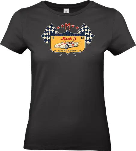 Mach 5 Mifune Motors  - speed racer, 60s, anime, cartoon, formula 1, grand prix, japanese, mach 5, nascar, racer x, racing, retro, retro cartoons, speed, vintage - Standard T-Shirt (Women)