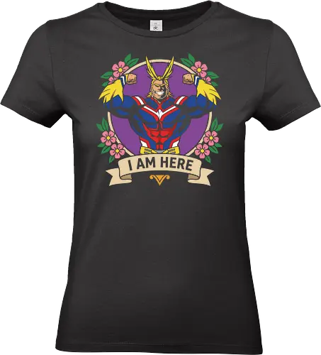 "I Am Here" All Might Academia Floral Emblem Graphic - all might shirt, my hero academia t-shirt, i am here graphic tee, symbol of peace apparel, boku no hero academia design, all might floral emblem top, shonen jump character shirt, anime hero streetwear, plus ultra clothing, vintage anime floral design, toshinori yagi merch, heroic anime t-shirt, mha fan gift, vibrant anime illustration, classic shonen gear, all might muscles graphic, anime aesthetic streetwear, number one hero apparel, japanese manga character tee - Standard T-Shirt (Women)