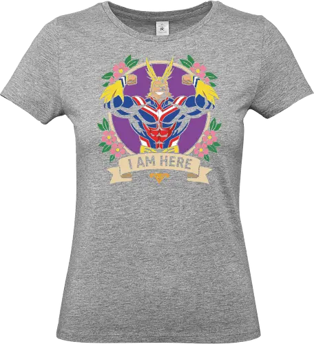 "I Am Here" All Might Academia Floral Emblem Graphic - all might shirt, my hero academia t-shirt, i am here graphic tee, symbol of peace apparel, boku no hero academia design, all might floral emblem top, shonen jump character shirt, anime hero streetwear, plus ultra clothing, vintage anime floral design, toshinori yagi merch, heroic anime t-shirt, mha fan gift, vibrant anime illustration, classic shonen gear, all might muscles graphic, anime aesthetic streetwear, number one hero apparel, japanese manga character tee - Standard T-Shirt (Women)