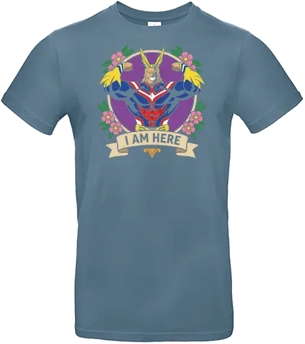 "I Am Here" All Might Academia Floral Emblem Graphic - all might shirt, my hero academia t-shirt, i am here graphic tee, symbol of peace apparel, boku no hero academia design, all might floral emblem top, shonen jump character shirt, anime hero streetwear, plus ultra clothing, vintage anime floral design, toshinori yagi merch, heroic anime t-shirt, mha fan gift, vibrant anime illustration, classic shonen gear, all might muscles graphic, anime aesthetic streetwear, number one hero apparel, japanese manga character tee - Standard T-Shirt