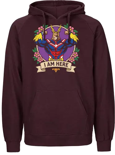 "I Am Here" All Might Academia Floral Emblem Graphic - all might shirt, my hero academia t-shirt, i am here graphic tee, symbol of peace apparel, boku no hero academia design, all might floral emblem top, shonen jump character shirt, anime hero streetwear, plus ultra clothing, vintage anime floral design, toshinori yagi merch, heroic anime t-shirt, mha fan gift, vibrant anime illustration, classic shonen gear, all might muscles graphic, anime aesthetic streetwear, number one hero apparel, japanese manga character tee - Fairtrade Hoodie