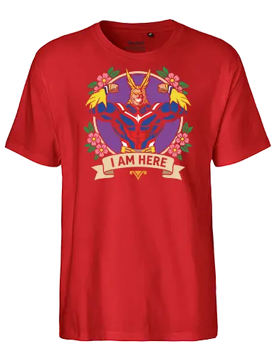 "I Am Here" All Might Academia Floral Emblem Graphic - all might shirt, my hero academia t-shirt, i am here graphic tee, symbol of peace apparel, boku no hero academia design, all might floral emblem top, shonen jump character shirt, anime hero streetwear, plus ultra clothing, vintage anime floral design, toshinori yagi merch, heroic anime t-shirt, mha fan gift, vibrant anime illustration, classic shonen gear, all might muscles graphic, anime aesthetic streetwear, number one hero apparel, japanese manga character tee - Fairtrade T-Shirt