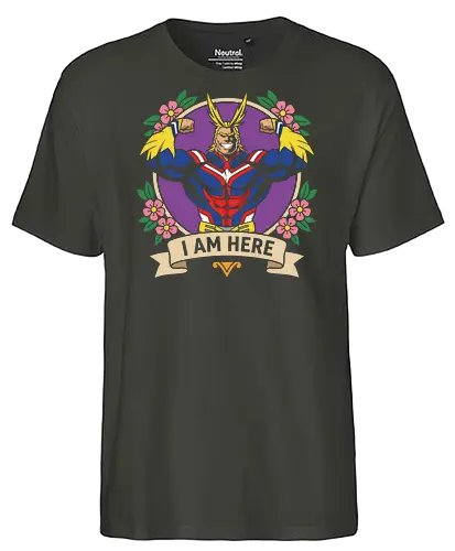 "I Am Here" All Might Academia Floral Emblem Graphic - all might shirt, my hero academia t-shirt, i am here graphic tee, symbol of peace apparel, boku no hero academia design, all might floral emblem top, shonen jump character shirt, anime hero streetwear, plus ultra clothing, vintage anime floral design, toshinori yagi merch, heroic anime t-shirt, mha fan gift, vibrant anime illustration, classic shonen gear, all might muscles graphic, anime aesthetic streetwear, number one hero apparel, japanese manga character tee - Fairtrade T-Shirt