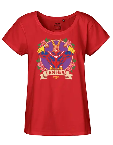 "I Am Here" All Might Academia Floral Emblem Graphic - all might shirt, my hero academia t-shirt, i am here graphic tee, symbol of peace apparel, boku no hero academia design, all might floral emblem top, shonen jump character shirt, anime hero streetwear, plus ultra clothing, vintage anime floral design, toshinori yagi merch, heroic anime t-shirt, mha fan gift, vibrant anime illustration, classic shonen gear, all might muscles graphic, anime aesthetic streetwear, number one hero apparel, japanese manga character tee - Fairtrade Girl Shirt