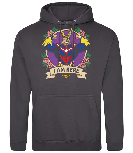"I Am Here" All Might Academia Floral Emblem Graphic - all might shirt, my hero academia t-shirt, i am here graphic tee, symbol of peace apparel, boku no hero academia design, all might floral emblem top, shonen jump character shirt, anime hero streetwear, plus ultra clothing, vintage anime floral design, toshinori yagi merch, heroic anime t-shirt, mha fan gift, vibrant anime illustration, classic shonen gear, all might muscles graphic, anime aesthetic streetwear, number one hero apparel, japanese manga character tee - Standard Hoodie