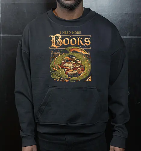I Need More Books - eduely, ely, dragon, books, book lover, reading, fantasy, bookish, library, literature, draco, bookworm, nerd, introvert, fairytale, once upon a time - Cropped Sweatshirt