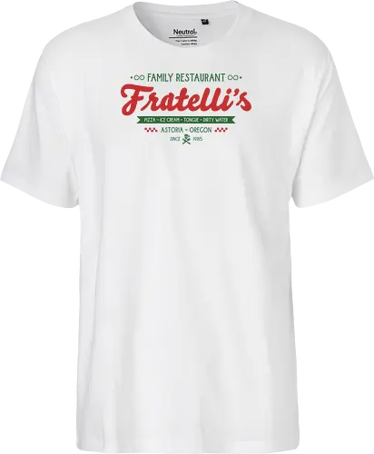 Fratellis Family Restaurant  - retro, skull, sloth, treasure, treasure hunter, vintage, movie, 80s movies, 80s, childhood, chunk, fratellis, never say die, nostalgia, pirate - Fairtrade T-Shirt