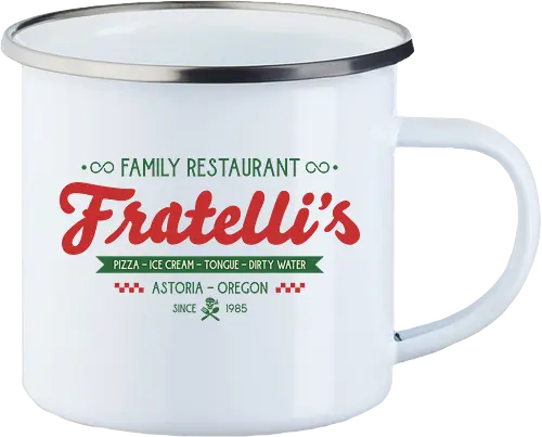 Fratellis Family Restaurant  - retro, skull, sloth, treasure, treasure hunter, vintage, movie, 80s movies, 80s, childhood, chunk, fratellis, never say die, nostalgia, pirate - Enamel Mug
