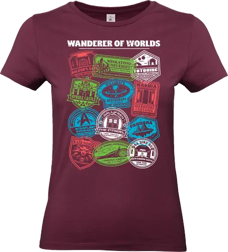 Geek Travel Stamp - classic, movies, video games, cthulhu, traveling, space travel, time travel, travel poster, books, book, bookworm, video game, game, TV show, TV shows, animation, live-action, adventure, fantasy, science fiction, scifi, horror, space opera, medieval, futuristic, rpg, miskatonic university, arkham, lovecraft, h.p. lovecraft, hp lovecraft, cthulhu mythos, lion, wardrobe, stamp, travel, traveler, i love travel, geek, nerd - Standard T-Shirt (Women)