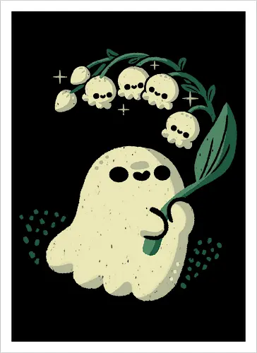 Ghost meets Lily of the Valley - lily of the valley, ghost, bellflowers, flower, spring, floral, creepy cute, spooky cute, goth, love, kawaii goth, adorable, minimal, nature, xmorfina - Artprint