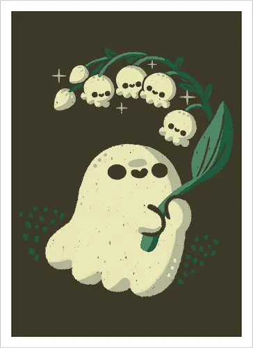 Ghost meets Lily of the Valley - lily of the valley, ghost, bellflowers, flower, spring, floral, creepy cute, spooky cute, goth, love, kawaii goth, adorable, minimal, nature, xmorfina - Artprint