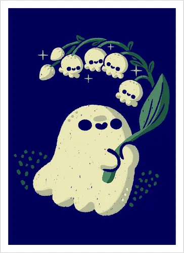 Ghost meets Lily of the Valley - lily of the valley, ghost, bellflowers, flower, spring, floral, creepy cute, spooky cute, goth, love, kawaii goth, adorable, minimal, nature, xmorfina - Artprint