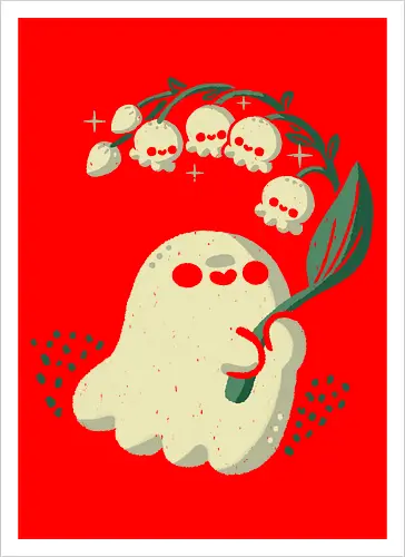 Ghost meets Lily of the Valley - lily of the valley, ghost, bellflowers, flower, spring, floral, creepy cute, spooky cute, goth, love, kawaii goth, adorable, minimal, nature, xmorfina - Artprint