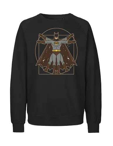 Vitruvian Bat Dark Knight Renaissance Art Parody Graphic - vitruvian batman shirt, sophisticated batman t-shirt, dark knight proportions graphic, superhero geometry clothing, classic comic book parody, artistic batman fan merch, unique dark knight streetwear, caped crusader art shirt, dark knight renaissance art t-shirt, batman anatomy graphic tee, superhero da vinci parody, batman art history clothing, vitruvian man superhero design, gotham protector streetwear, vintage batman illustration top, bronze and black superhero shirt, dc comics fan gift, academic superhero apparel, bat symbol renaissance art - Fairtrade Sweatshirt