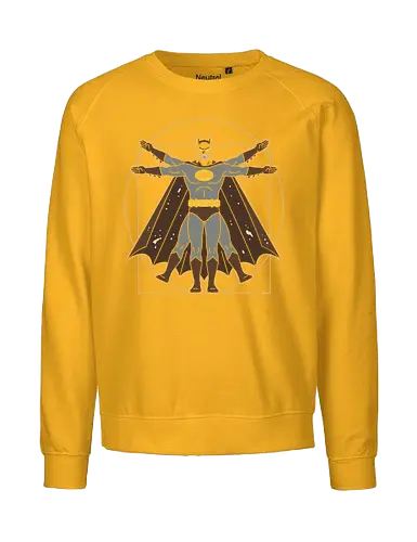 Vitruvian Bat Dark Knight Renaissance Art Parody Graphic - vitruvian batman shirt, sophisticated batman t-shirt, dark knight proportions graphic, superhero geometry clothing, classic comic book parody, artistic batman fan merch, unique dark knight streetwear, caped crusader art shirt, dark knight renaissance art t-shirt, batman anatomy graphic tee, superhero da vinci parody, batman art history clothing, vitruvian man superhero design, gotham protector streetwear, vintage batman illustration top, bronze and black superhero shirt, dc comics fan gift, academic superhero apparel, bat symbol renaissance art - Fairtrade Sweatshirt